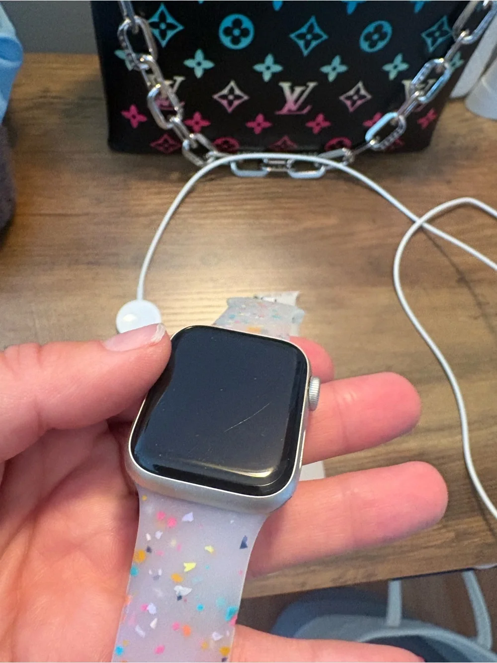 Apple Watch with Confetti Silicone Band and White Sport Band